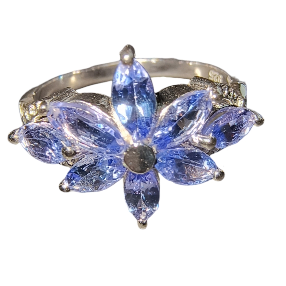 Tanzanite & Sterling Silver Flower Cluster Ring Size 8 3/4